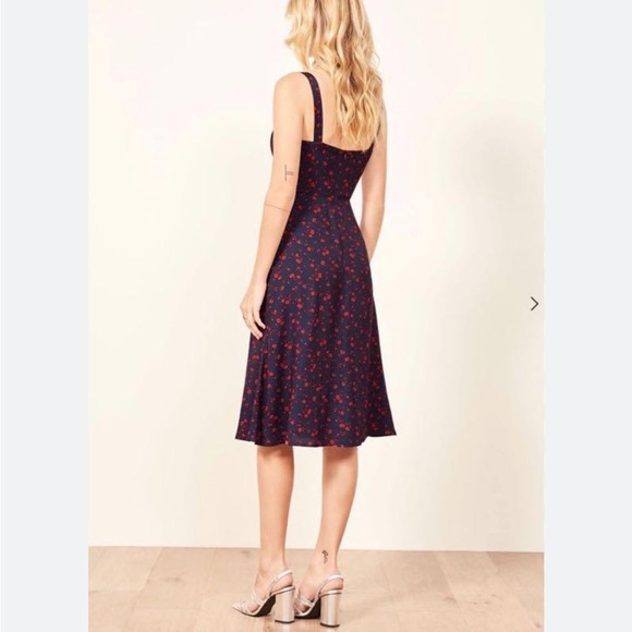 REFORMATION Virgil Dress Navy/Red Floral Print Ruffle Strap GRANADA Crepe Midi - Picture 3 of 16